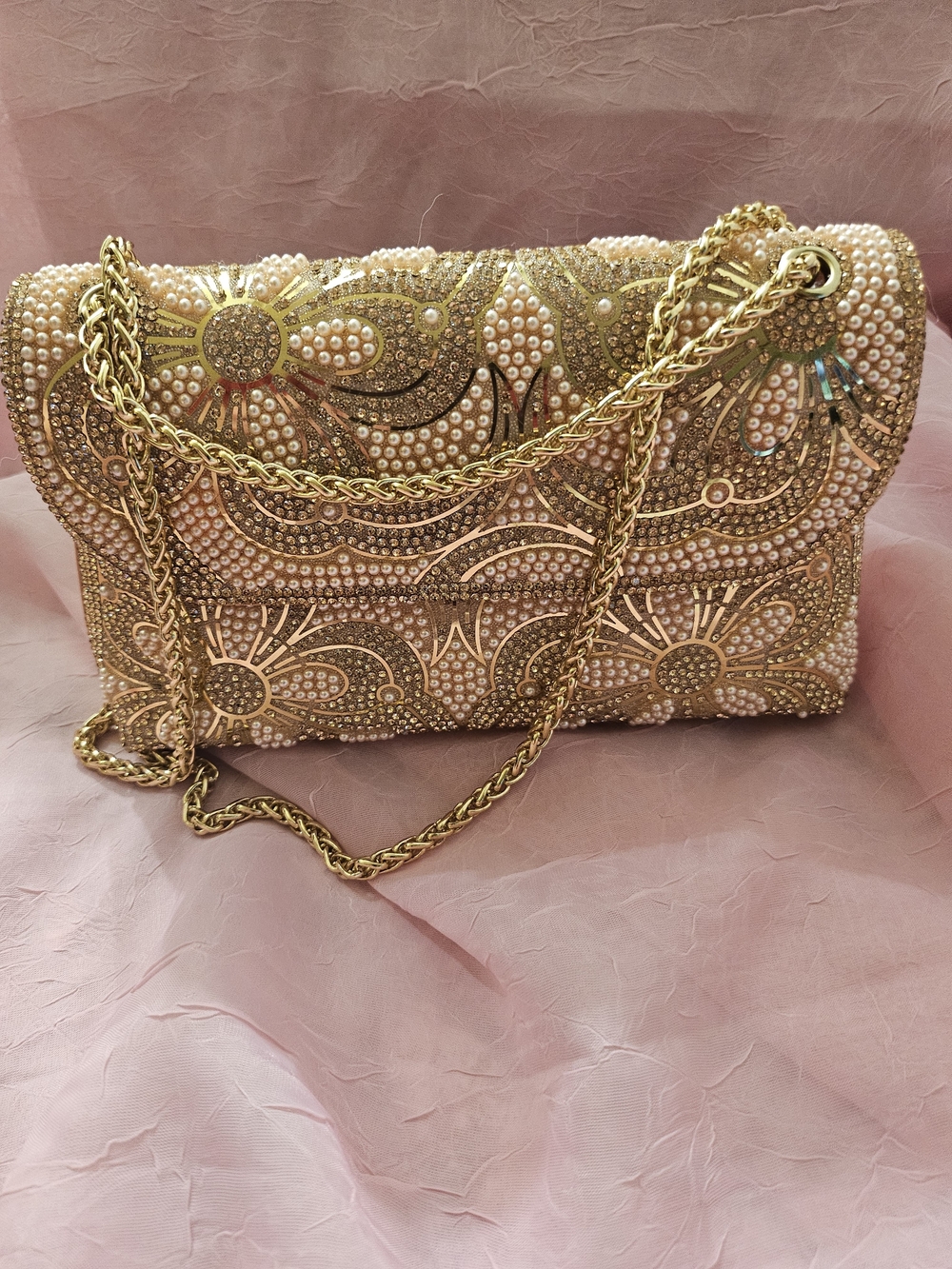 Hand Crafted Gold Beaded Floral Evening Clutch Adjustable shoulder chain strap
